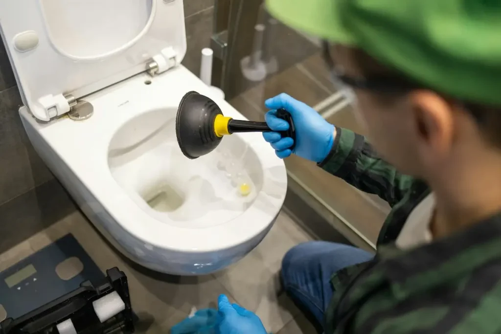 Ein Mann versucht mit einem Pömpel die Verstopfung in der Toilette zu lösen