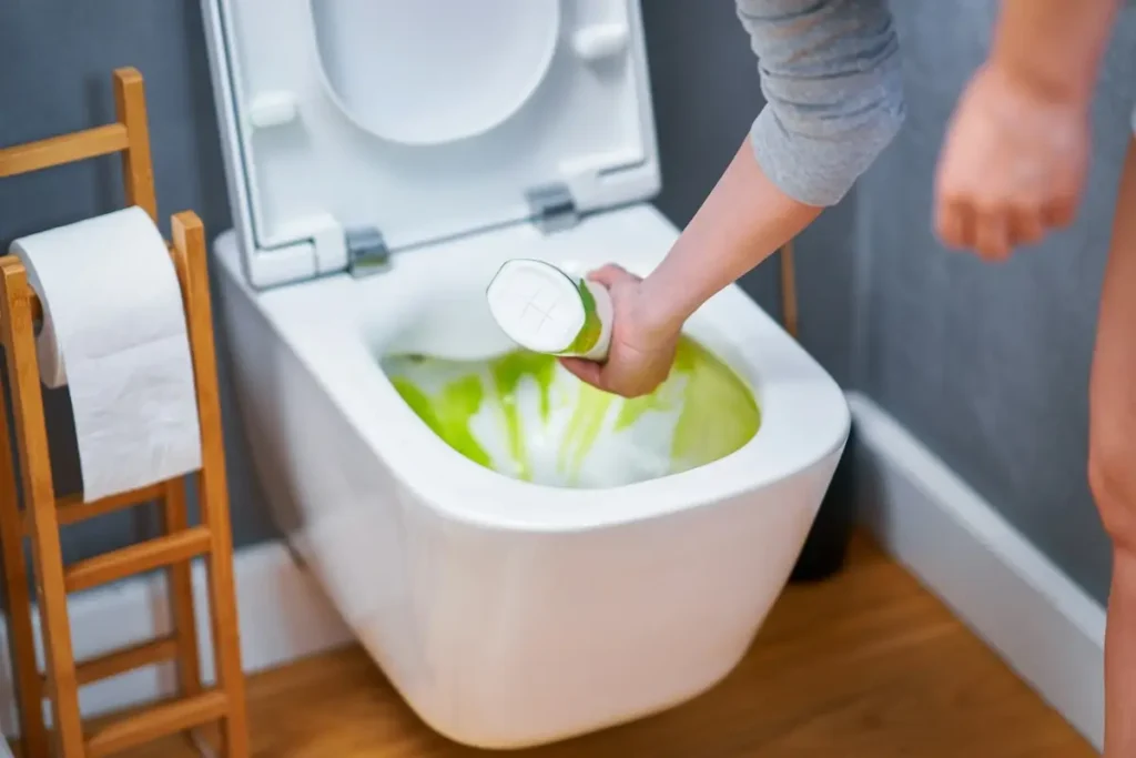 Eine Person gießt Spüli in die Toilette