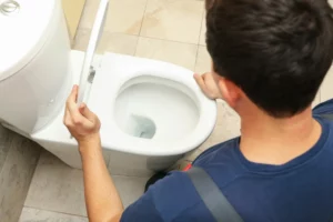 Mann schaut in eine Toilette rein – Toilettenabfluss reinigen